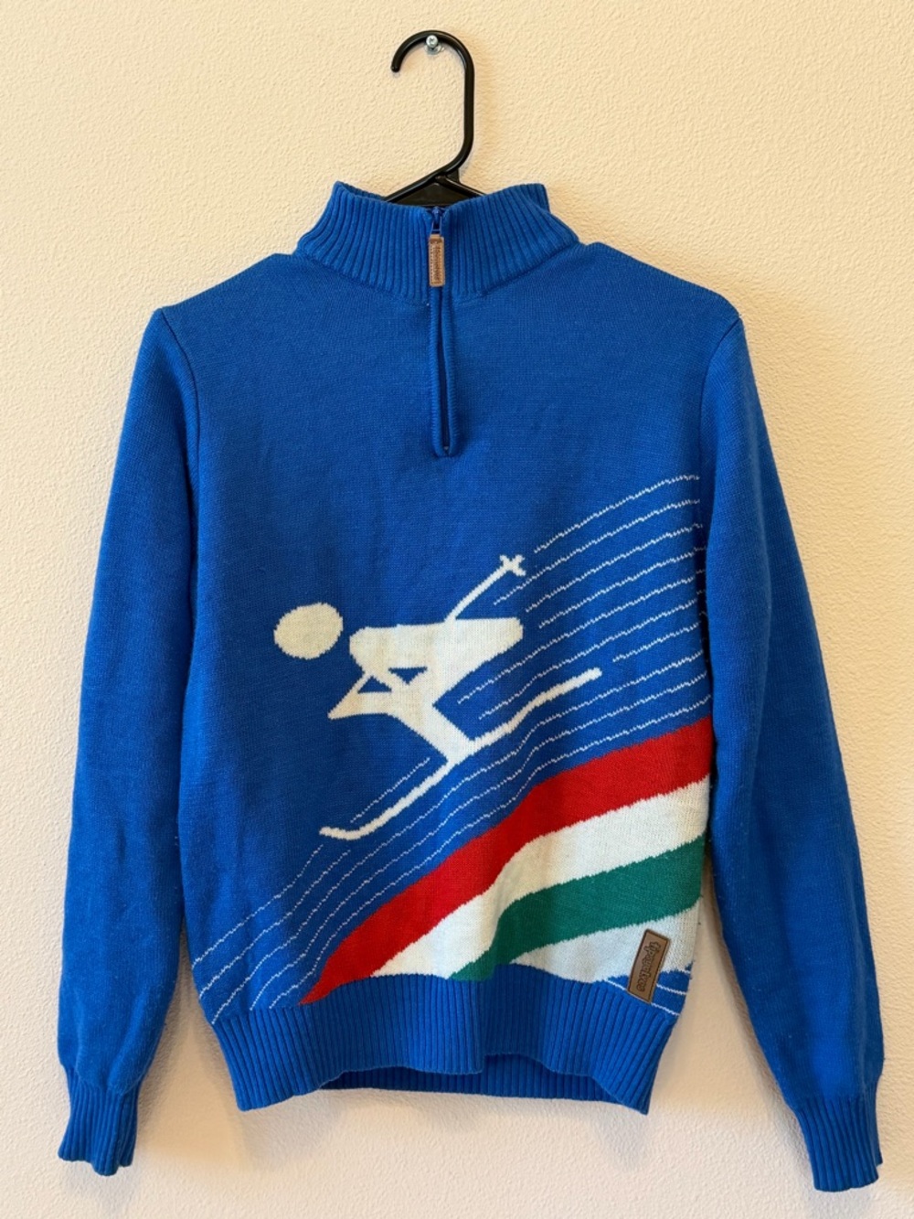Tipsy Elves Royal Blue Ski Half-Zip Sweater with Red, White & Green Stripes